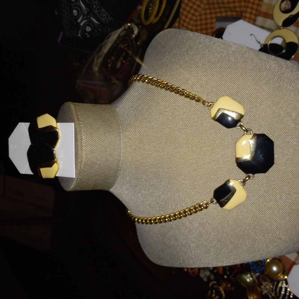 Black Gold and Ivory Necklace and Pierced Earrings